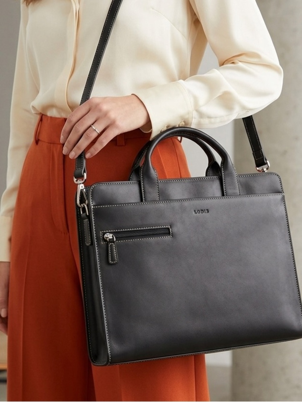 Lodis Black Leather Laptop Briefcase with Shoulder Strap